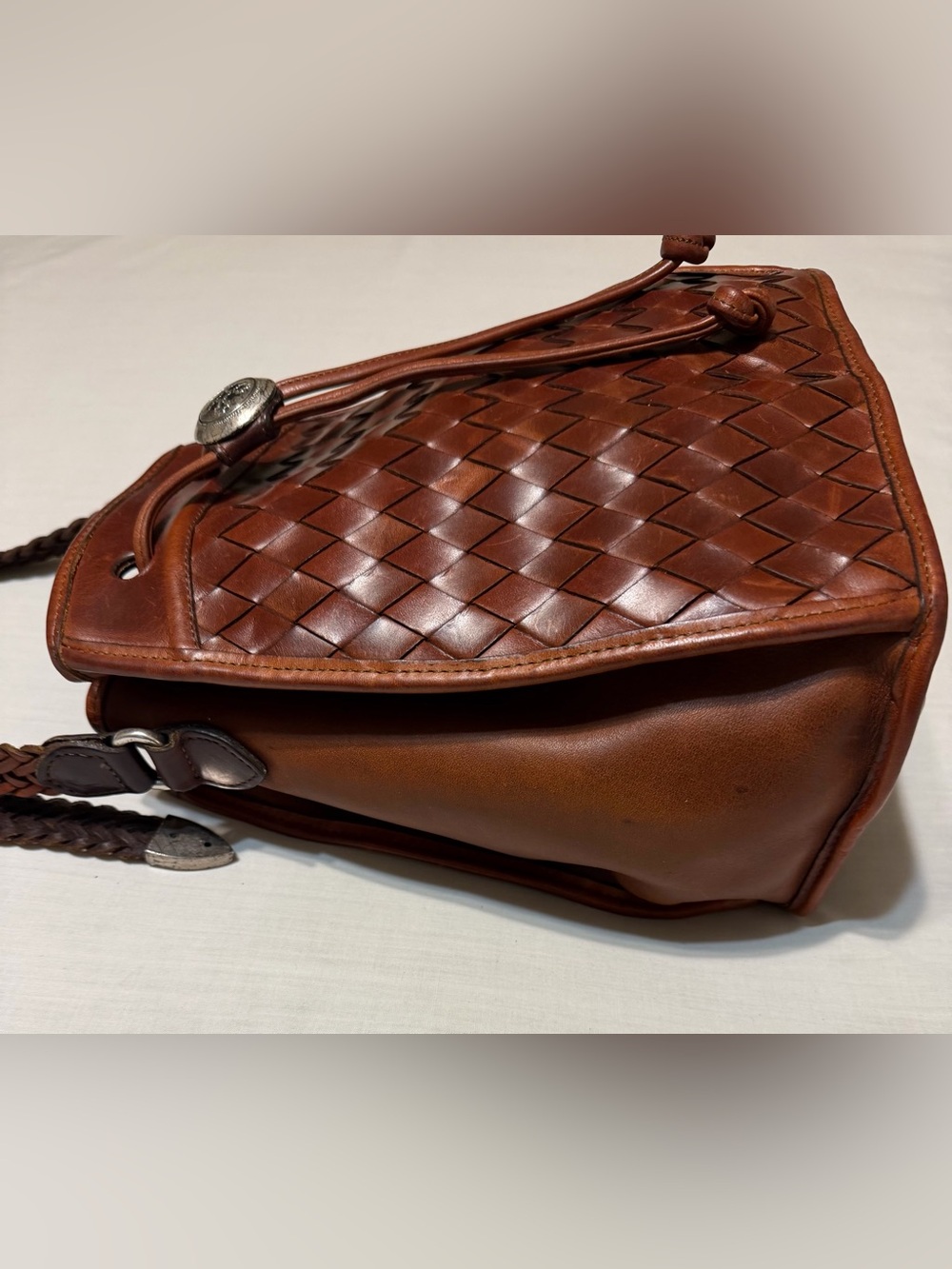 Brighton Brazilian Bree Brown Woven Leather Drawstring Crossbody Bag - Picture 4 of 11